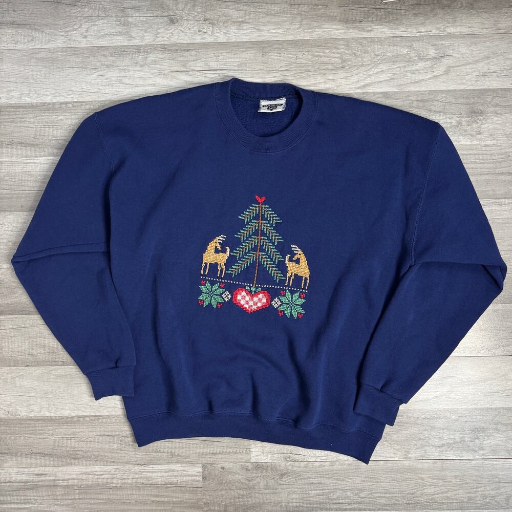 Vintage Cross Stitch Christmas Deer Heart Crewneck Sweatshirt XL Lee Heavyweight